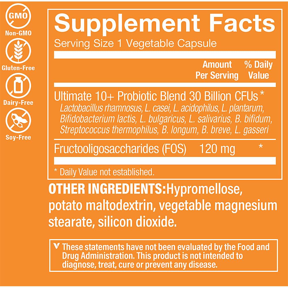 The Vitamin Shoppe Ultimate 10+ Probiotics 30 Billion CFU - 10 Probiotic Strains for Digestive Health, Immune & Gut Support (60 Vegetable Capsules)