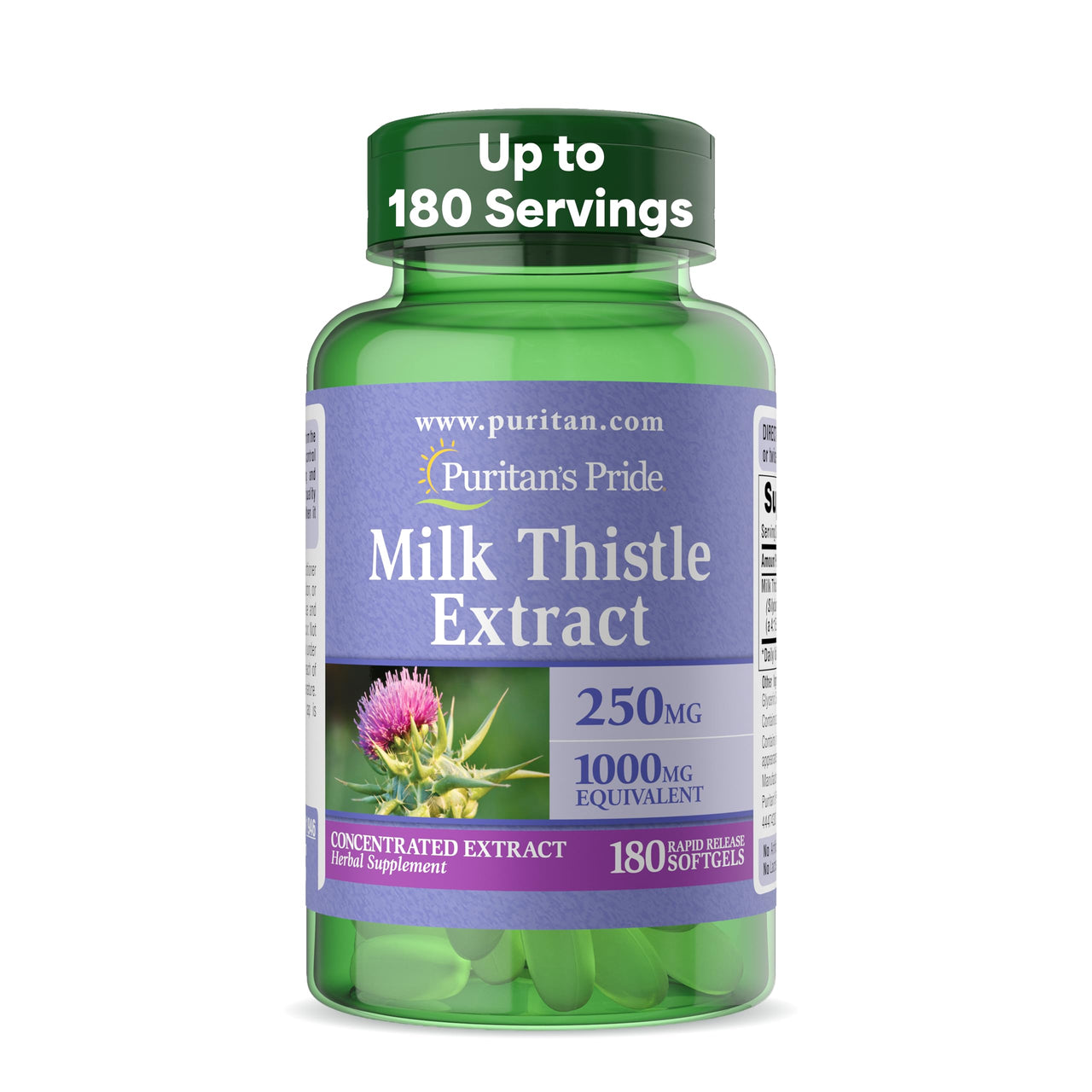 Puritan's Pride Milk Thistle Silymarin 4:1 Concentration Extract 250 mg (1000 mg Equivalent), Dietary Supplement for Traditional Liver Support, 6 Month Supply, 180 Count