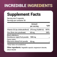 Thumbnail for Dr. Berg Black Elderberry Capsules (Advanced Immune Support*) with 15,000 IU Vitamin D, 60 mg of Zinc, & 90 mg of Camu Camu - (4-in-1) Sambucus Elderberry Immune Support Supplement - 90 Capsules