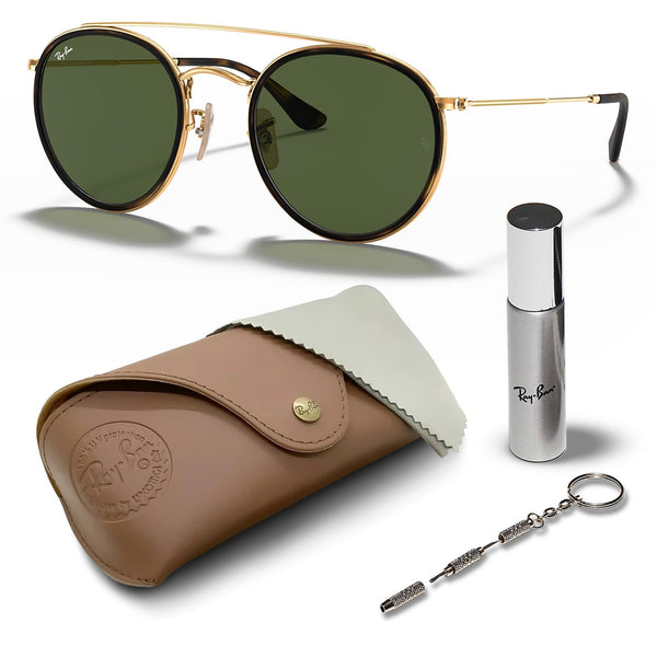 Ray-Ban RB3647N ROUND DOUBLE BRIDGE Round Shaped Non-Polarized Sunglasses for Men & Women – Includes Official RAYBAN Eyewear Kit – Ideal Formal & Casual Wear Sunglasses – G-15 Green Lens