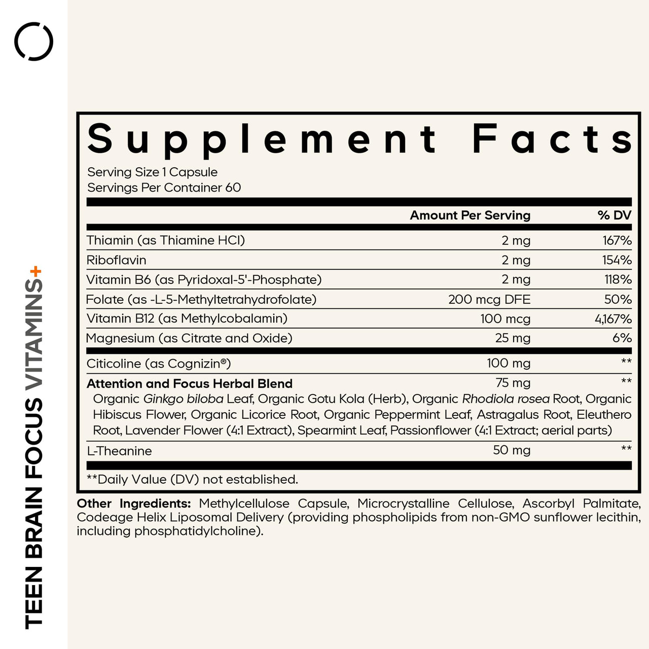 Codeage Teen Brain Focus Vitamins+ Citicoline Cognizin, L-Theanine, Ginkgo, Rhodiola, Lavender, Magnesium, Vitamin B6, B12, Folate - 2-Month Supply - 12-18 Years - Liposomal Supplement - 60 Capsules