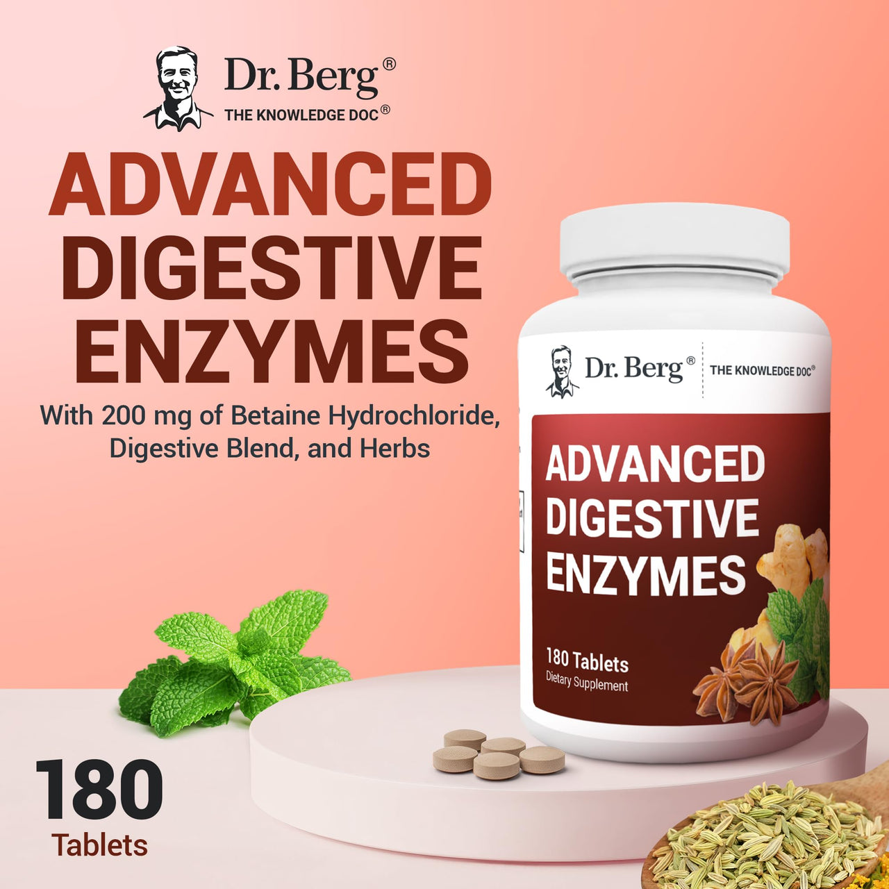 Dr. Berg Advanced Digestive Enzymes with Apple Cider Vinegar - Includes Digestive Health Ingredients Like Betaine Hydrochloride (HCI), Ginger Root & Peppermint Leaf - 180 Tablets