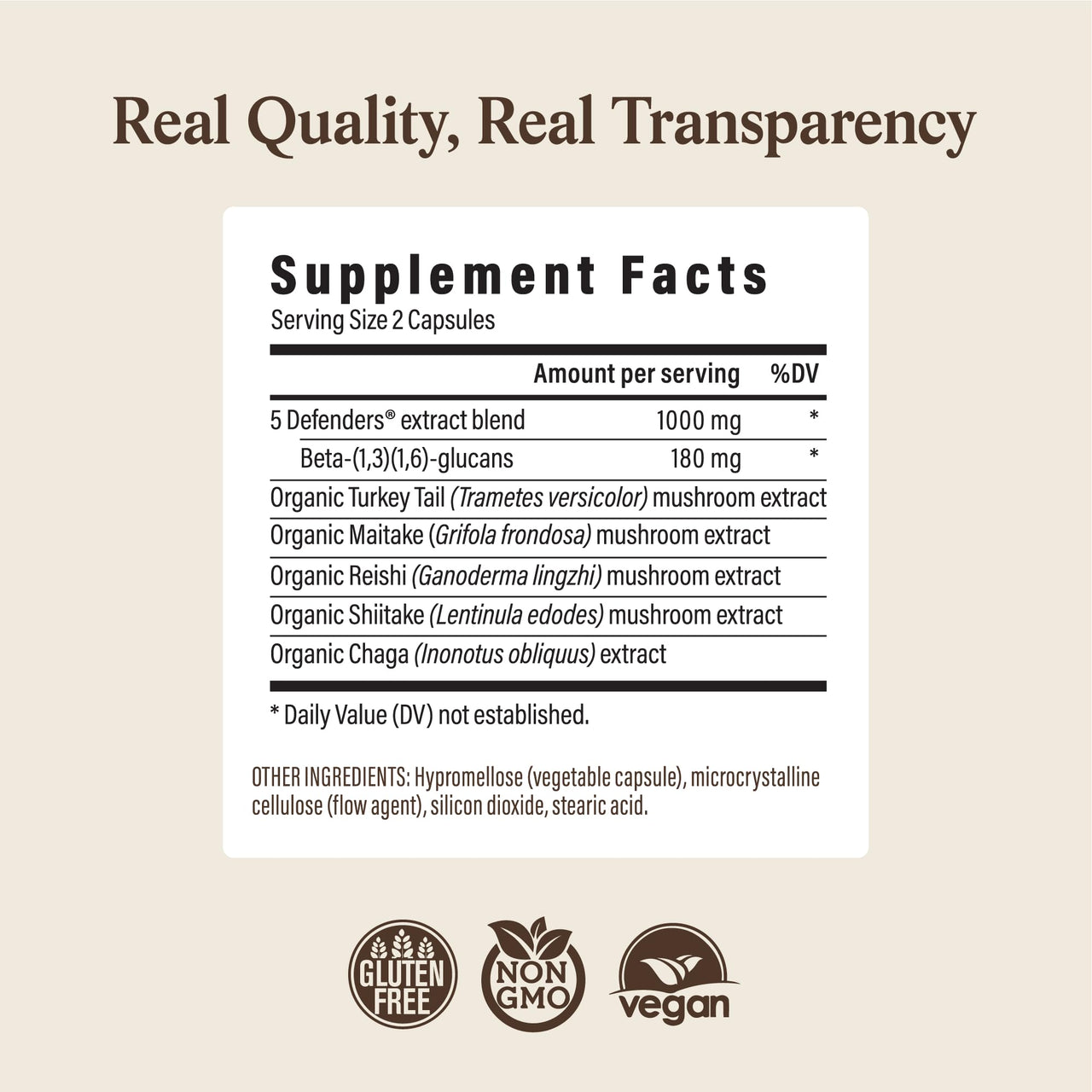 Real Mushrooms 5 Defenders - Adaptogenic Mushrooms Complex with Chaga, Reishi, Turkey Tail, Maitake & Shiitake for Wellness Support - Mushroom Beta Glucan Capsules - 90 Count
