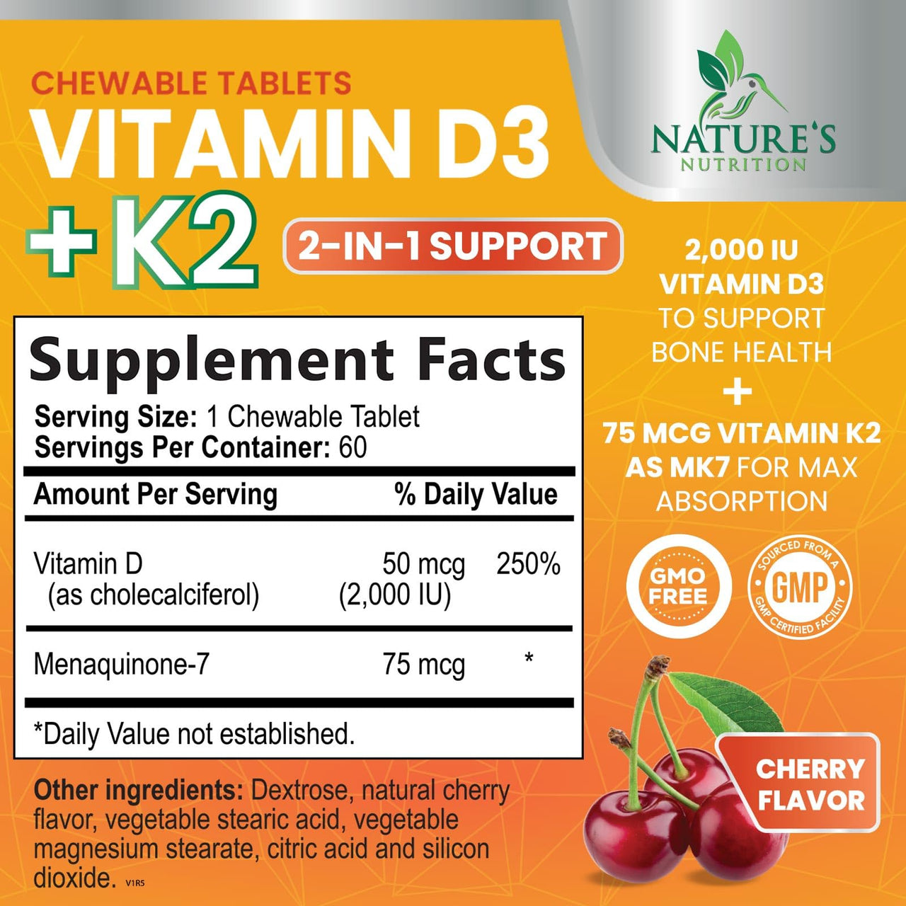 Vitamin D3 K2, Chewable Cherry D3 2000 iu Plus K2 (MK-7) 75 mcg - 2 in 1 Vitamins D & K Complex - Vitamin K2 MK7 + D3 Supplement Supports Immune & Heart Health, Calcium Absorption, Bones - 60 Tablets