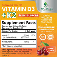 Thumbnail for Vitamin D3 K2, Chewable Cherry D3 2000 iu Plus K2 (MK-7) 75 mcg - 2 in 1 Vitamins D & K Complex - Vitamin K2 MK7 + D3 Supplement Supports Immune & Heart Health, Calcium Absorption, Bones - 60 Tablets