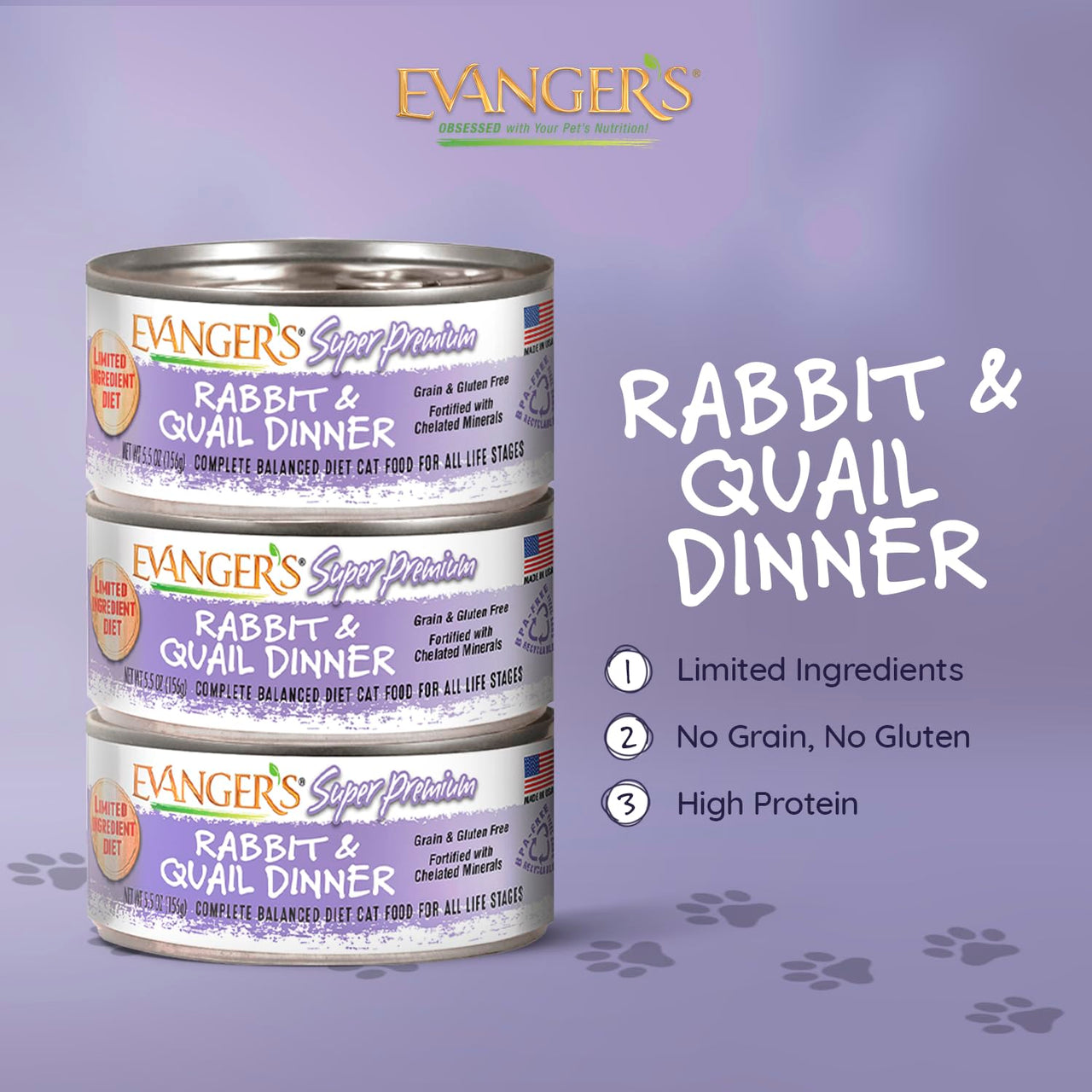 Evanger's Super Rabbit & Quail Dinner for Cats – 24 Count, 5.5 oz Each – Grain & Gluten Free Wet Cat Food – Limited Ingredient Diet with Novel Proteins – Loaf Style