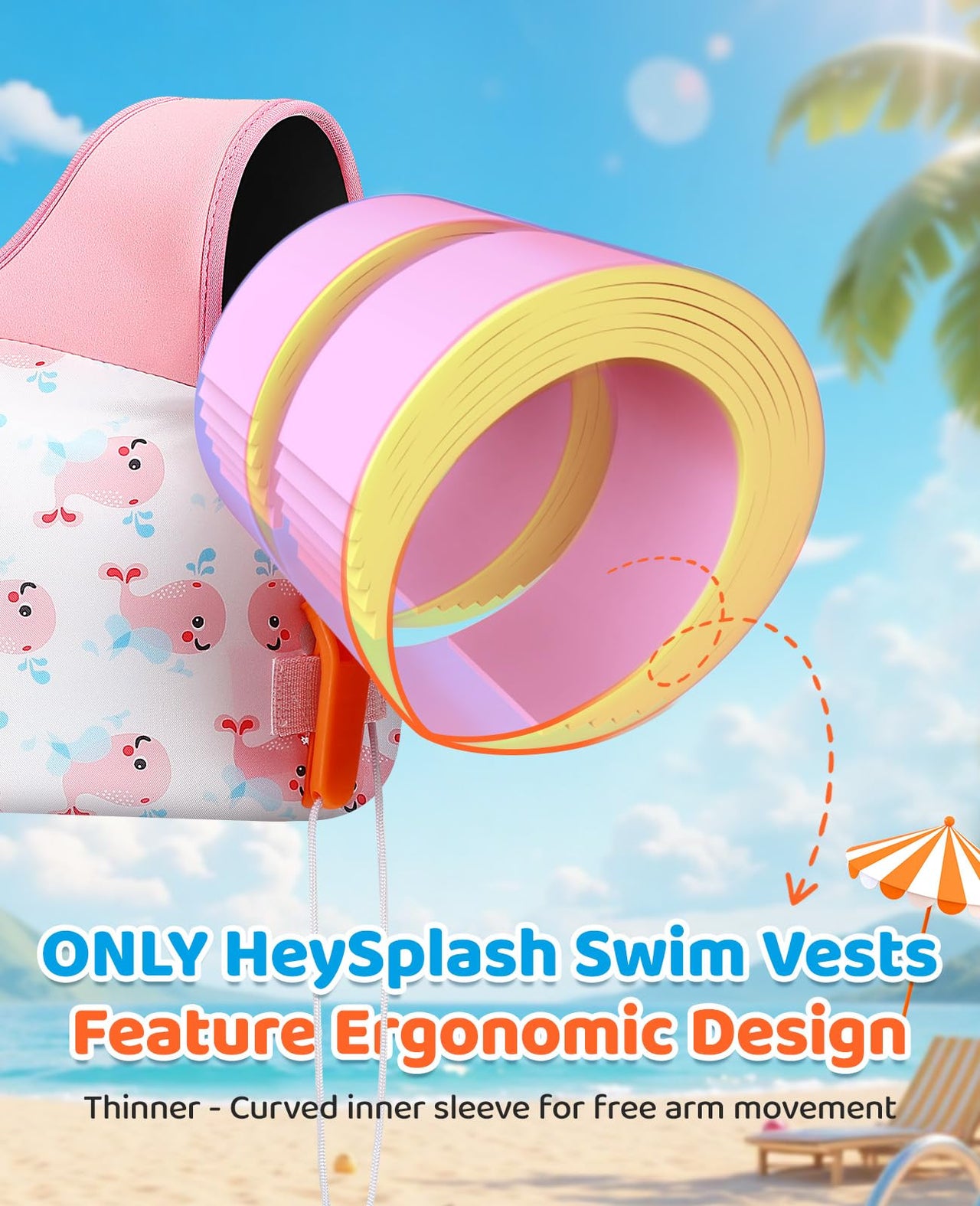 HeySplash Swim Vest for Kids, Toddler Pool Floaties Fit 33-66 Lbs,Swimming Vest with Adjustable Strap, Swim Jacket Water Wing Arm Float, Puddle Beach Boat Jumper Float Device Girl,Pink Whale