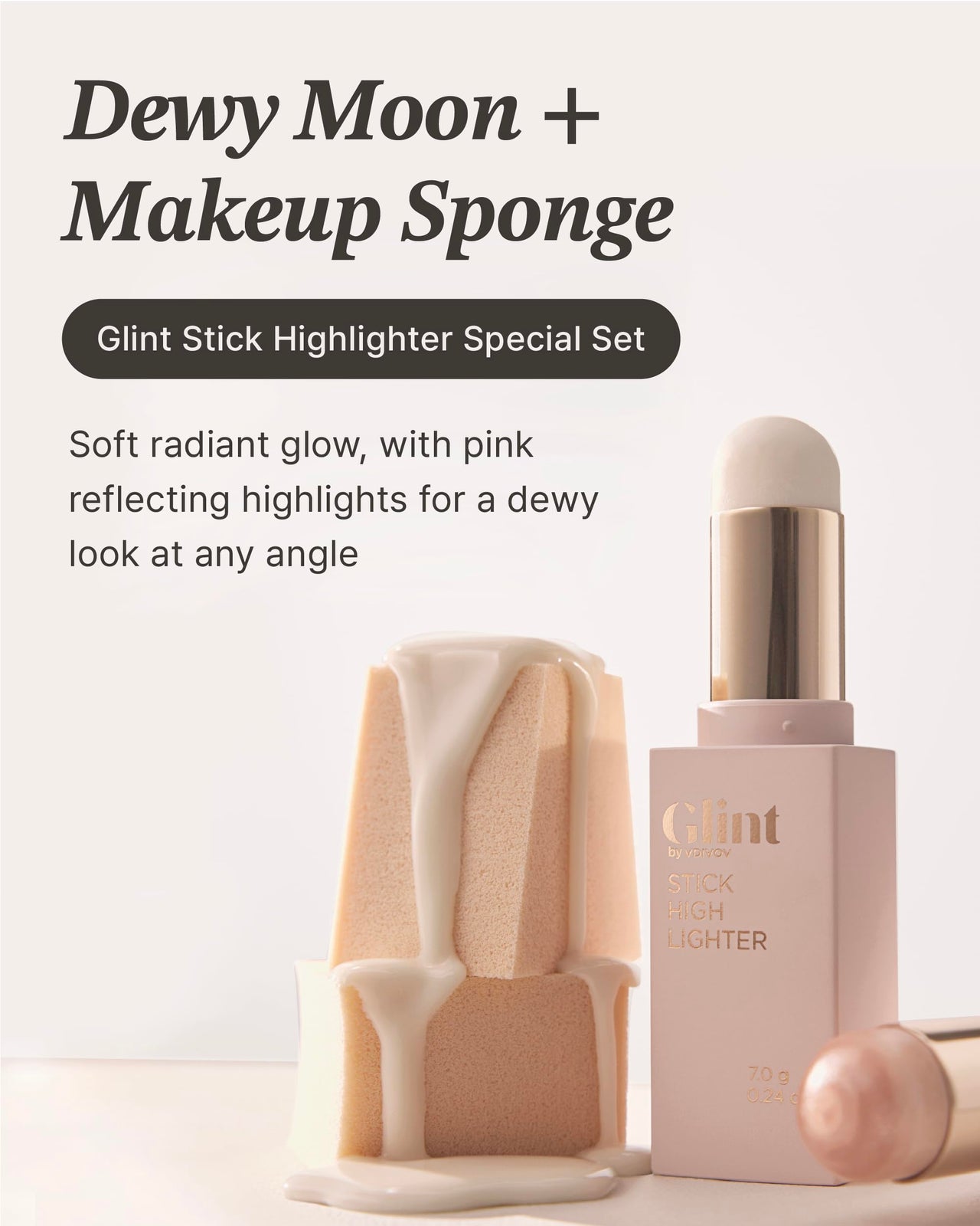 Glint Stick Highlighter Special Set (Dewy Moon(Set), 0.24oz + Egg-Shaped Makeup Sponge) - Multi-Use Illuminator Stick. Korean Makeup by LG Beauty. Creamy & Blendable Color.