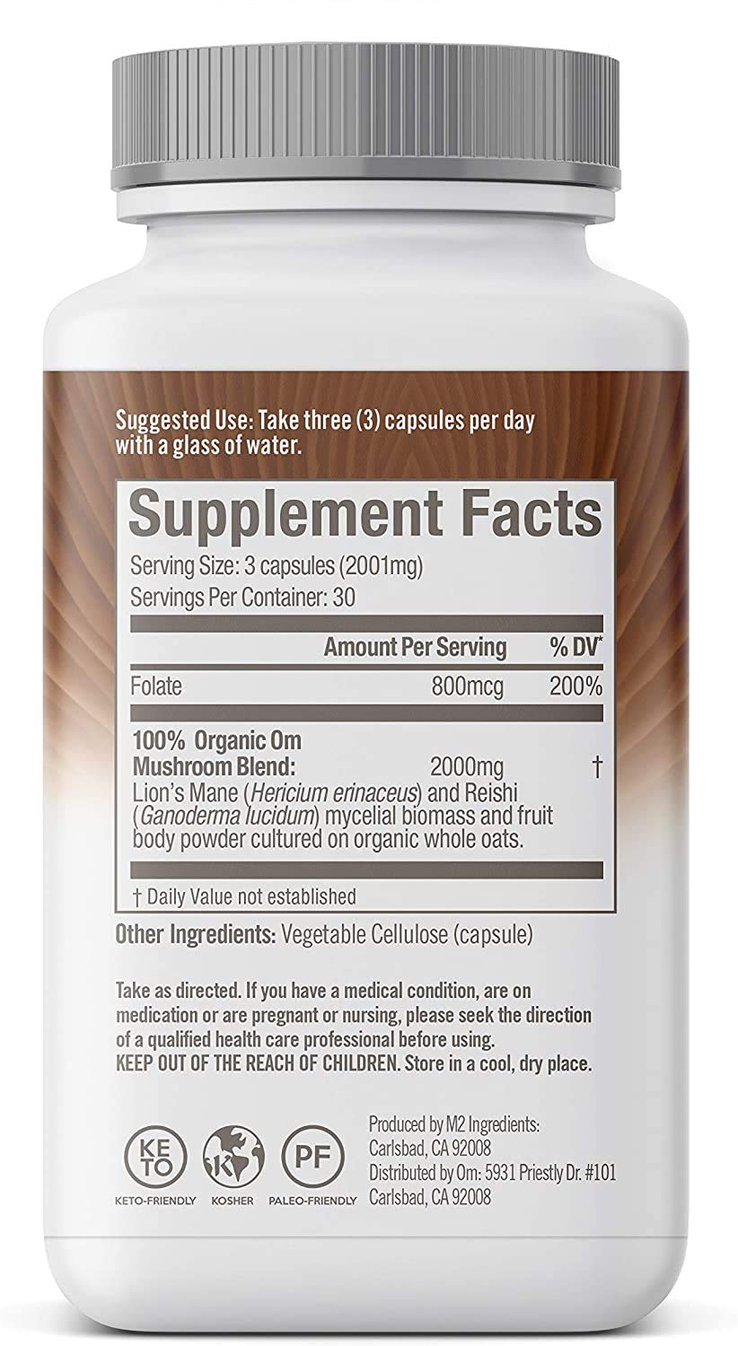 OM MUSHROOM SUPERFOOD Brain Fuel Mushroom Powder Capsules Superfood Supplement, 90 Count, 30 Days, Lion's Mane, Reishi Blend Plus Folate, Mental Clarity, Mushroom Supplement