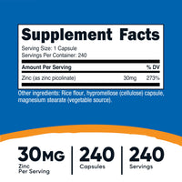 Thumbnail for Nutricost Zinc Picolinate 30mg, 240 Capsules - Gluten Free and Non-GMO