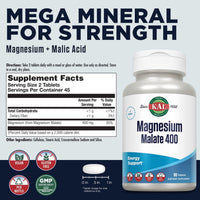 Thumbnail for KAL Magnesium Malate 400mg, Chelated Magnesium Supplement with Malic Acid, Healthy Energy & Muscle Function Support, Enhanced Absorption, Vegan, Non-GMO, 45 Servings, 90 Veg Tabs