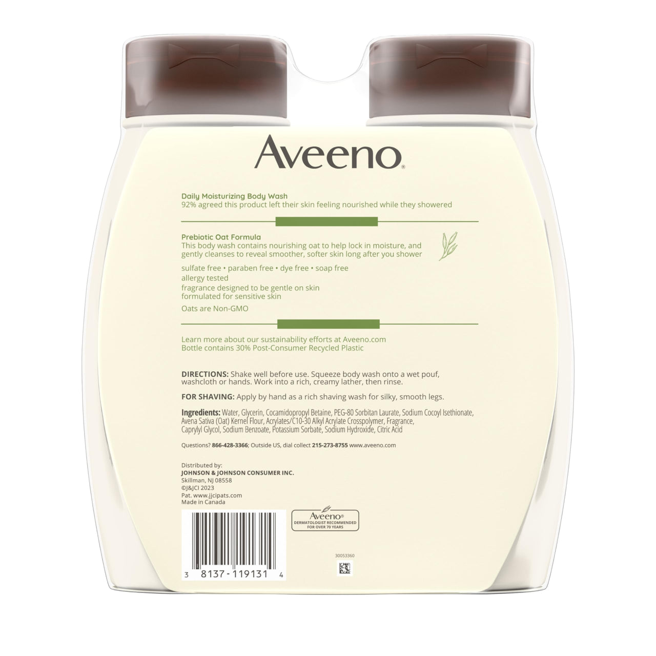 Aveeno Daily Moisturizing Body Wash Cleanser & Shaving Gel for Men & Women, Clean-Rinsing for Softer & Smoother Skin, Gentle & Lightly Scented, 18 fl. Oz, Pack of 2