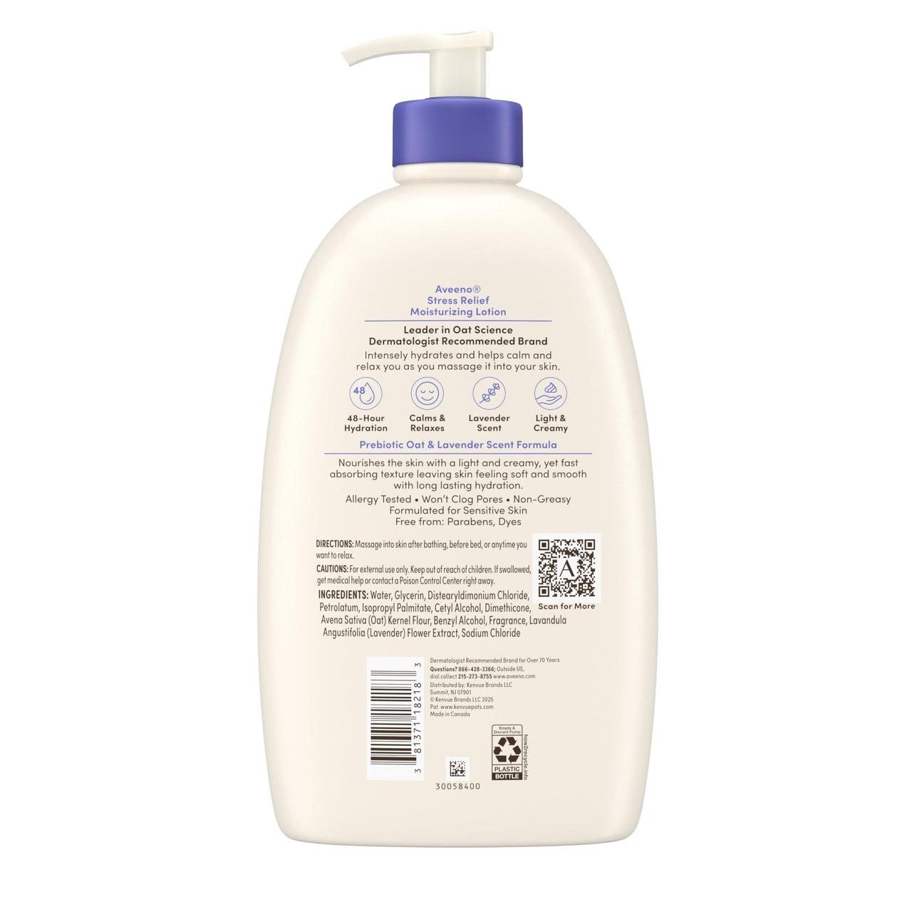 Aveeno Stress Relief Moisturizing Body Lotion with Prebiotic Oat & Lavender Scent for Sensitive Skin, Calms & Relaxes with 48 Hour Hydration, Fast Absorbing & Non-Greasy, 33 fl. oz