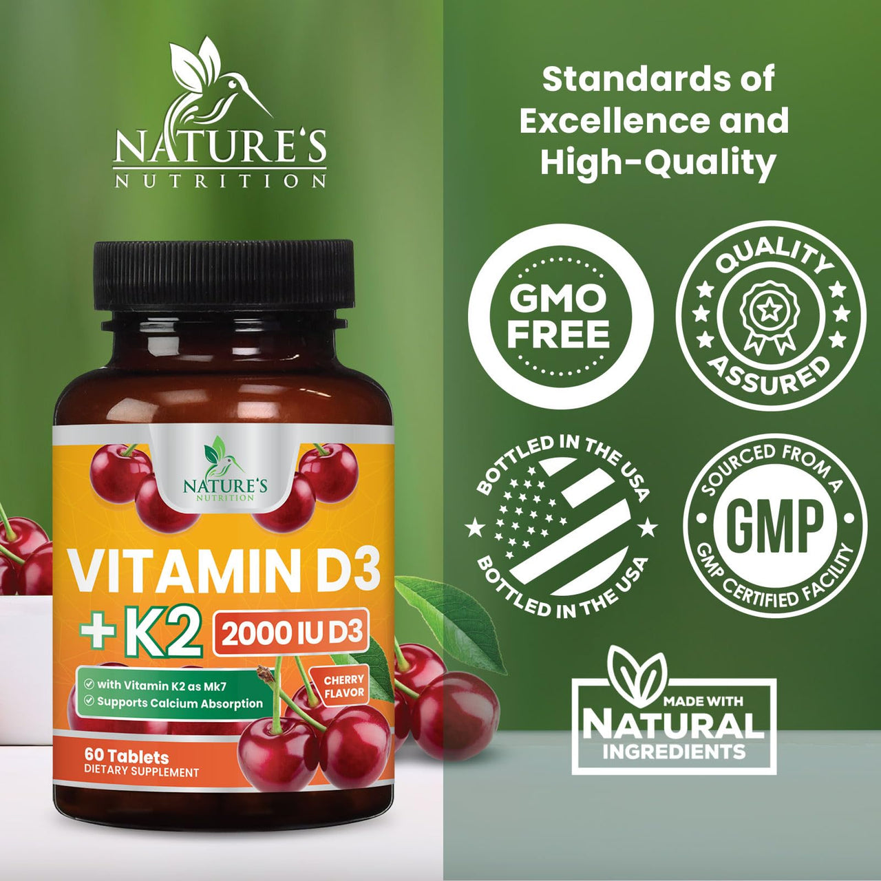 Vitamin D3 K2, Chewable Cherry D3 2000 iu Plus K2 (MK-7) 75 mcg - 2 in 1 Vitamins D & K Complex - Vitamin K2 MK7 + D3 Supplement Supports Immune & Heart Health, Calcium Absorption, Bones - 60 Tablets