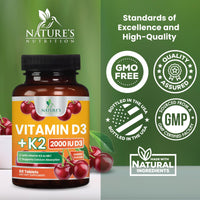 Thumbnail for Vitamin D3 2000 IU 50mcg Per Serving - Vitamins D & K2 (MK7) Complex Supplement for Bone, Teeth, Muscle, Calcium Absorption, Supports Immune & Heart Health, Chewable Formula USA Bottled - 60 Tablets