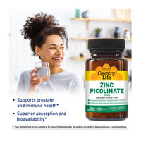 Thumbnail for Country Life Zinc Picolinate 25 mg - Superior Absorption Zinc Supplement for Immune Support, Prostate Health & Cellular Wellness - Certified Gluten-Free, Vegan & Halal, Non-GMO - 100 Tablets