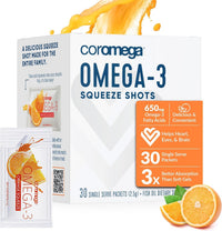 Thumbnail for Coromega Omega 3 Fish Oil Supplement, 650mg of Omega-3s with 3X Better Absorption Than Softgels, Orange Flavor, 30 Single Serve Squeeze Packets