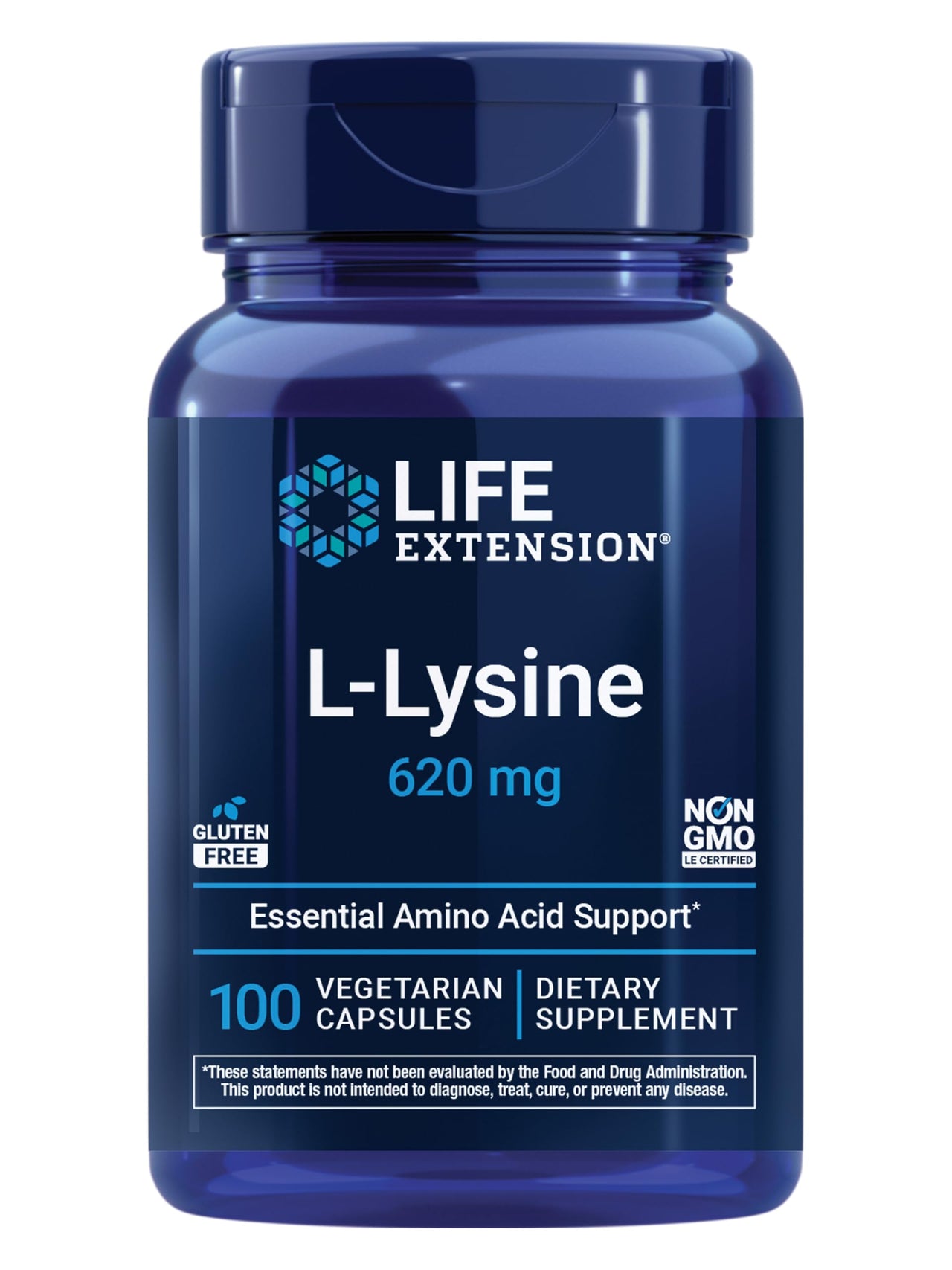 Life Extension L-Lysine, 620 mg, Essential Amino Acid for Healthy nitrogen Balance, Calcium Metabolism, Stress Response & More, Gluten-Free, Non-GMO, Vegetarian, 100 Capsules
