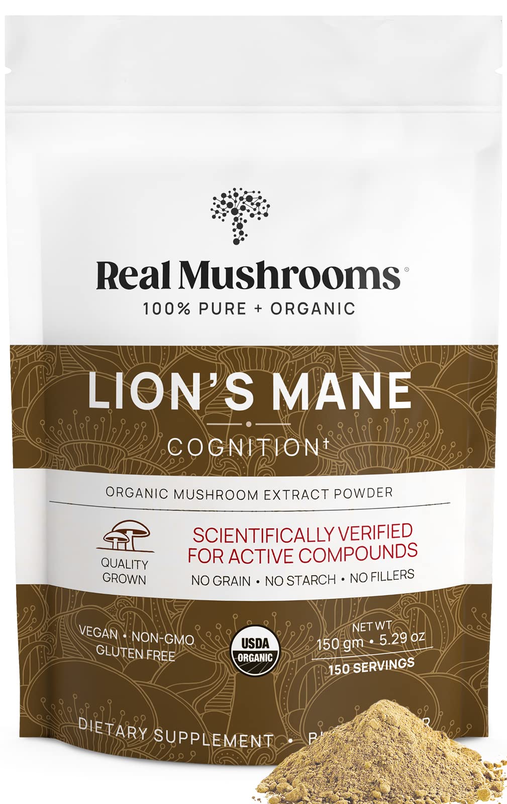 Real Mushrooms Lions Mane Powder - Organic Mushroom Extract for Cognitive Function Immune Support Brain Supplements Memory and Focus Vegan Supplement, 150 Servings