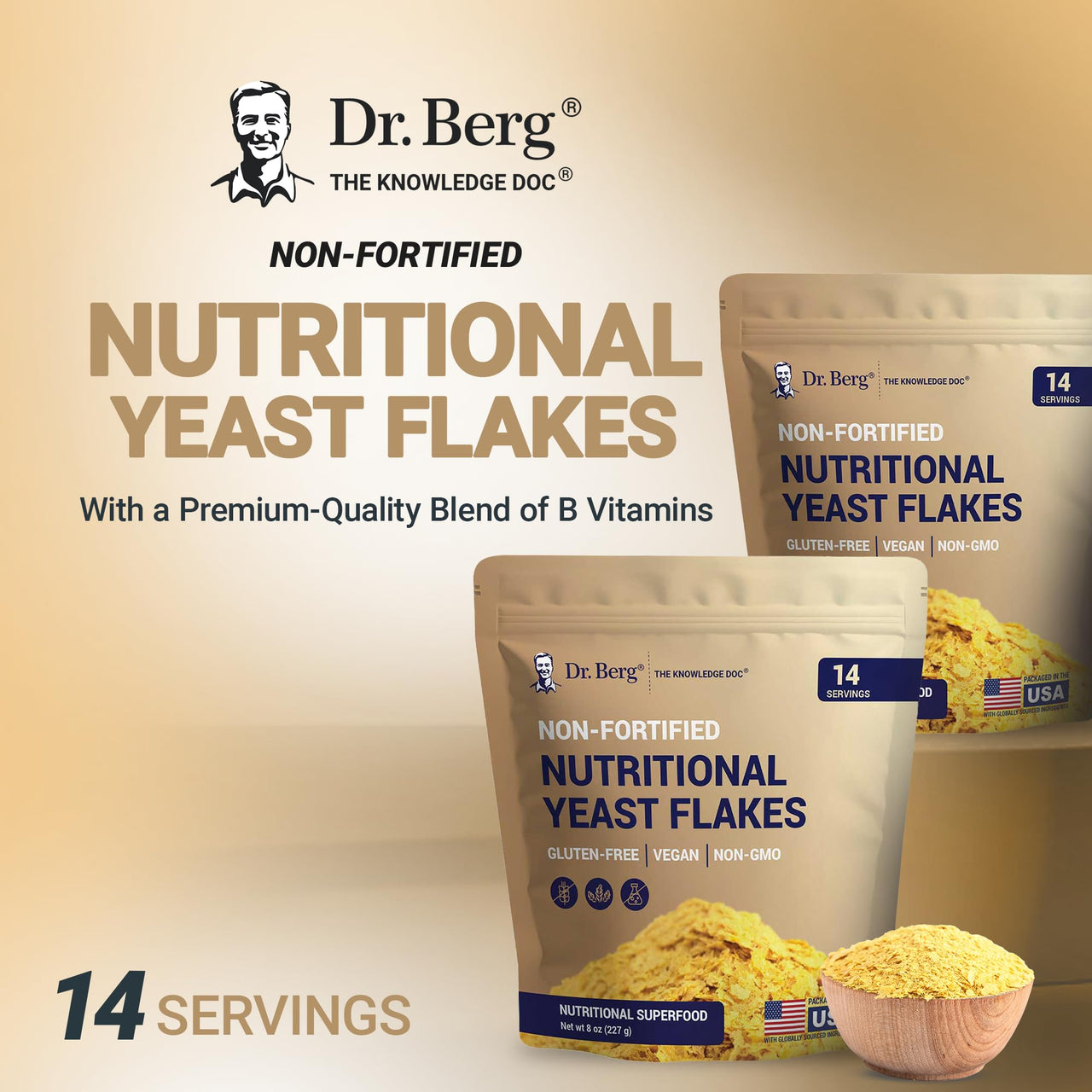 Dr. Berg Premium Nutritional Yeast Flakes - Delicious Non-Fortified Nutritional Yeast with Naturally Occurring B Vitamins - 8oz