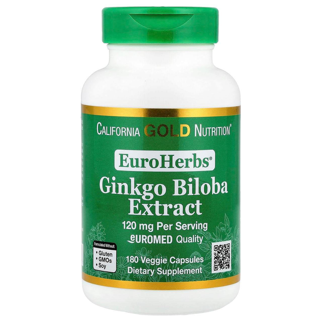 California Gold Nutrition, EuroHerbs™, Ginkgo Biloba Extract, Euromed Quality, 120 mg, 180 Veggie Capsules