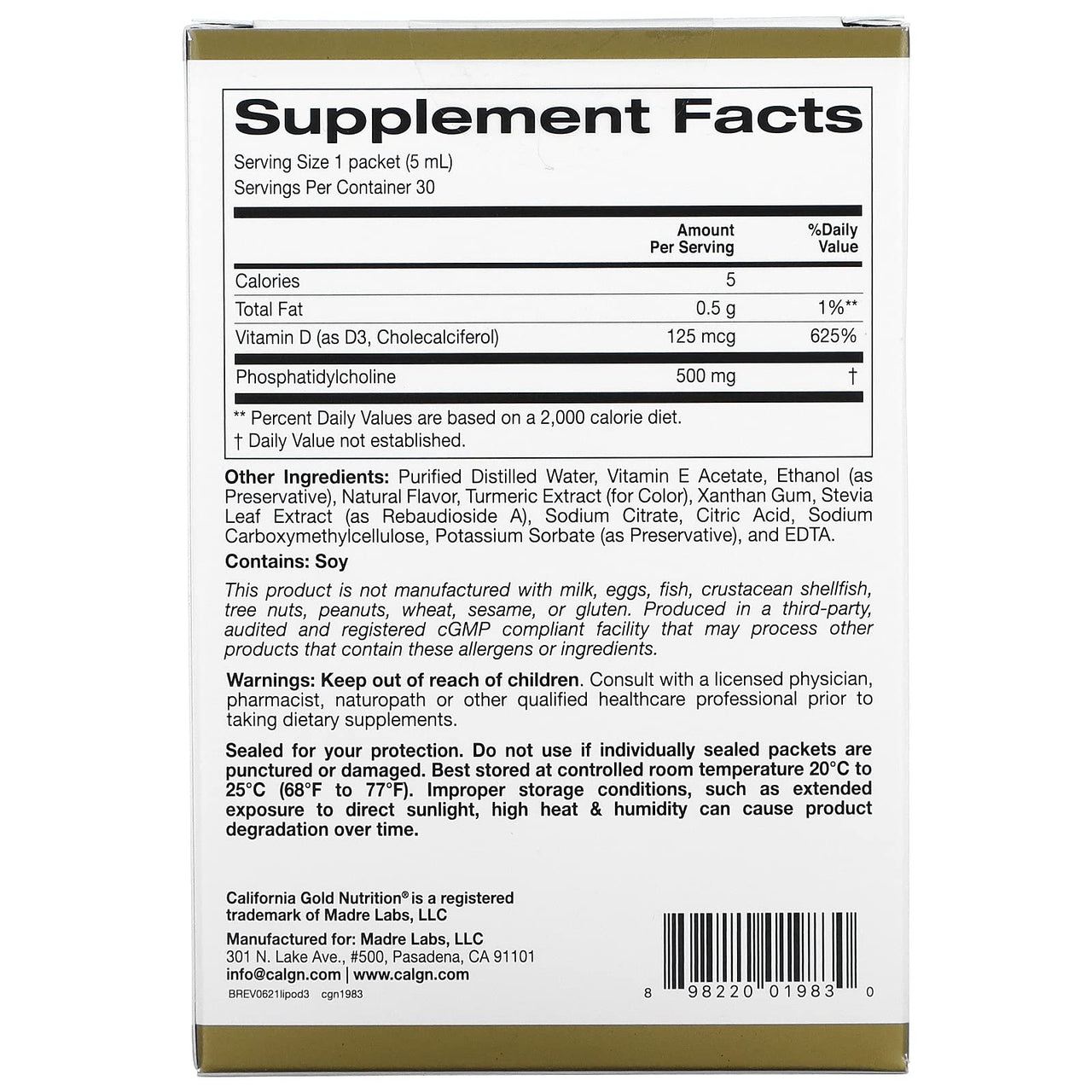 California Gold Nutrition Liposomal Vitamin D3, 125 mcg (5,000 IU), 30 Packets (5.0 ml)
