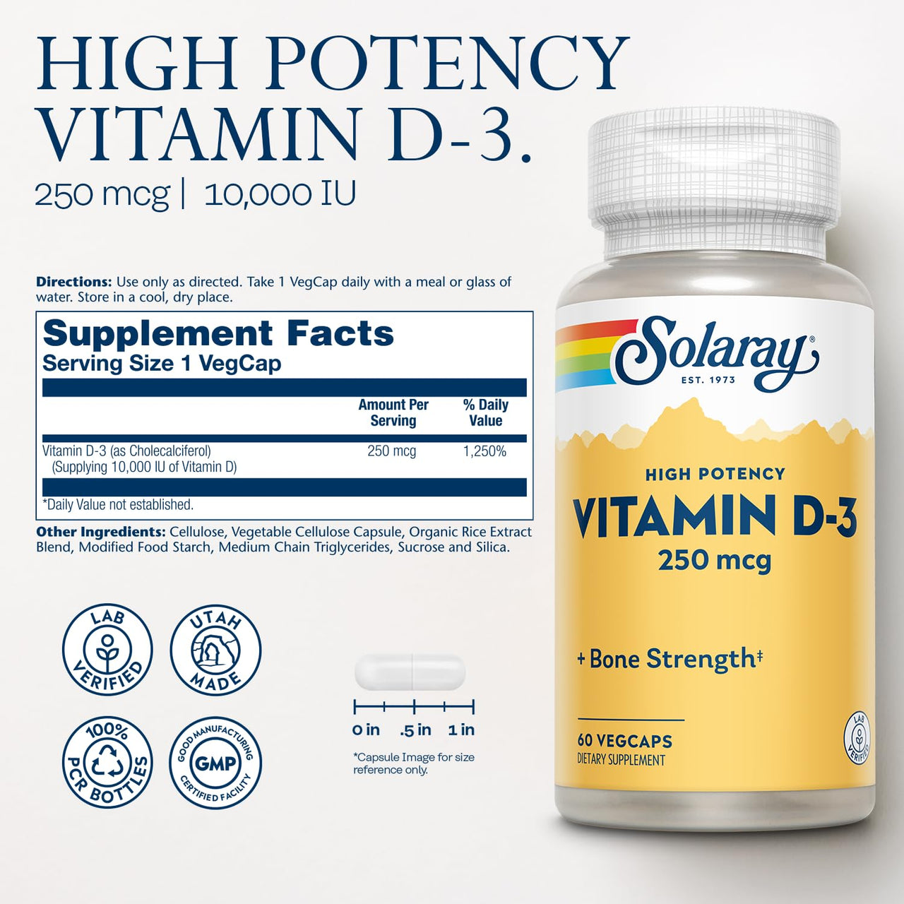 SOLARAY Vitamin D3 10000IU (250 mcg) - High Potency Vitamin D Supplement for Men & Women, VIT D3 as Cholecalciferol, Bones and Immune Health Support Capsules - 60 Veg Caps