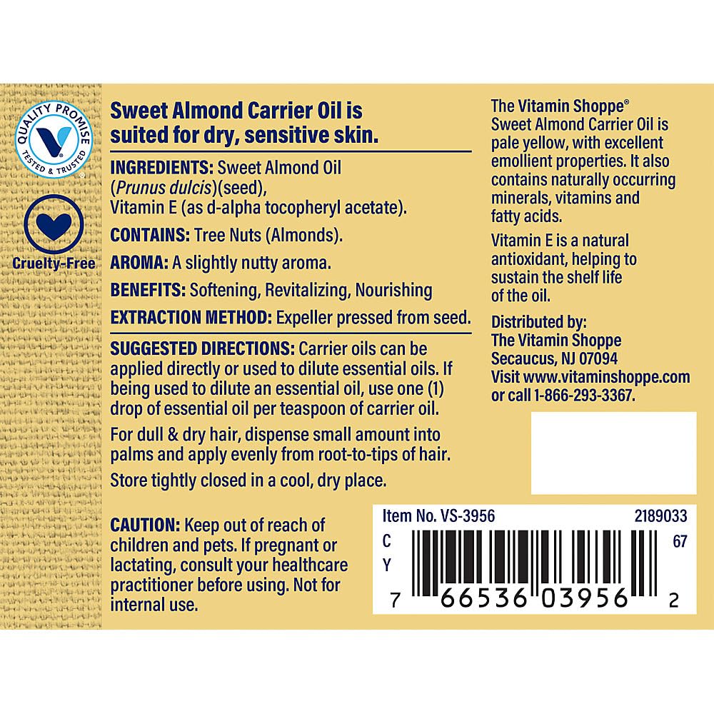 The Vitamin Shoppe Sweet Almond Carrier Oil with Vitamin E - Natural Skin Moisturizer | Aromatherapy Massage | 4 oz | Light Texture
