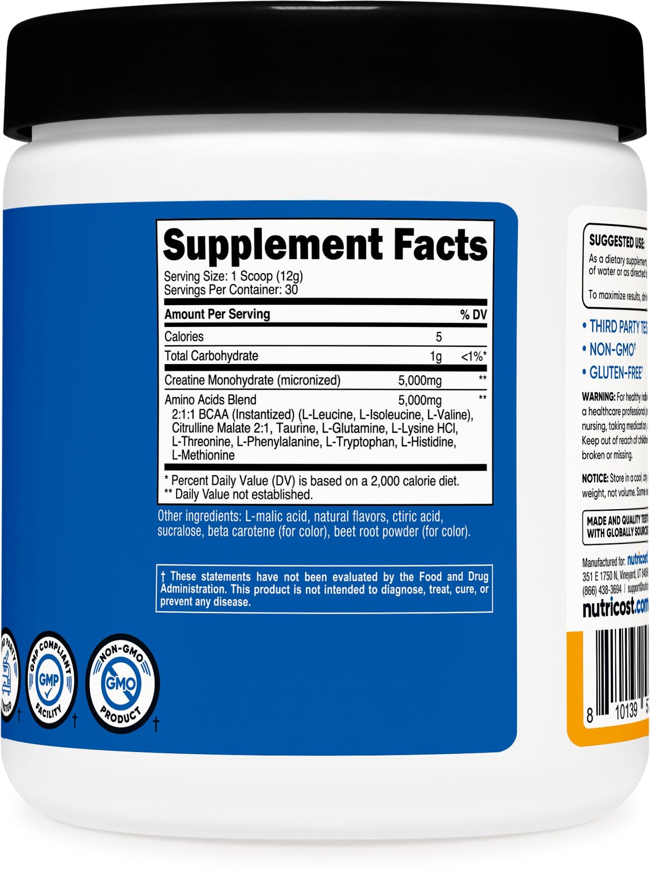 Nutricost Creatine + Aminos 30 Servings (Peach Mango Flavored) - 5,000mg Creatine Monohydrate + 5000mg Amino BCAA Blend Per Serving