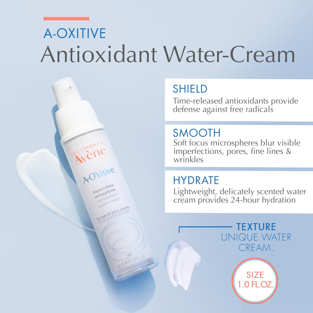Avène A-Oxitive Antioxidant Water Cream, Vitamin C & E, Hyaluronic Acid, Free Radical Protection, 1 Oz