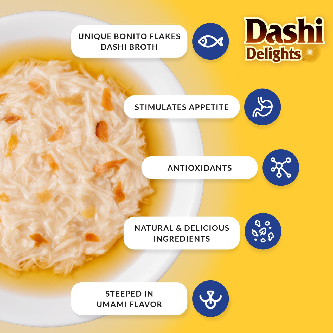 INABA Dashi Delights for Cats, Shredded Chicken Side Dish with Bonito Flake Broth, Cat Food Complement with Taurine & Green Tea Extract, 2.5 Ounce Cup, 6 Cups Total, Chicken with Cheese Recipe