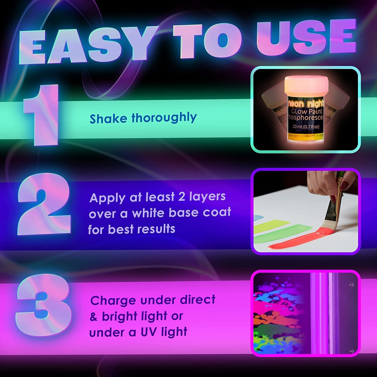 neon nights Glow in The Dark | Luminescent | Phosphorescent | Self-Luminous Paint - Set of 8