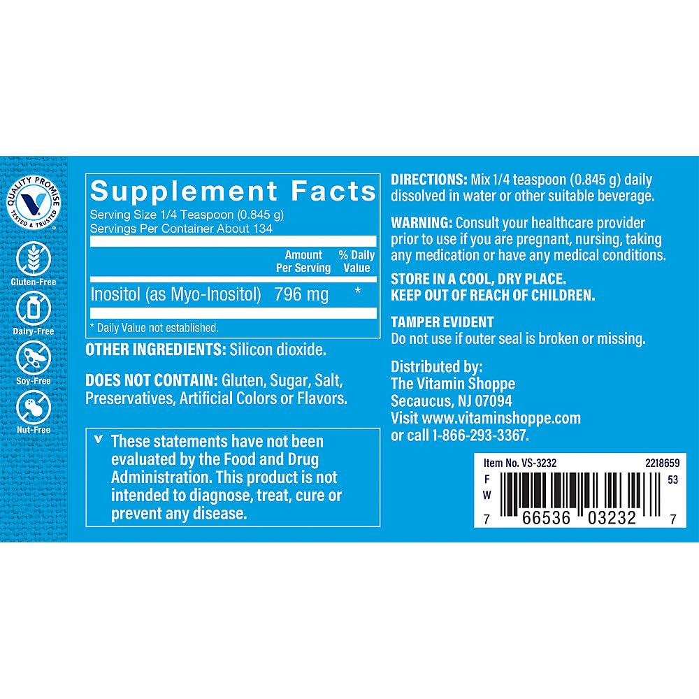 The Vitamin Shoppe Inositol Powder - Cognitive & Mood Balance Support | Pure Myo-Inositol | 4 oz 134 Servings | Unflavored Vegan