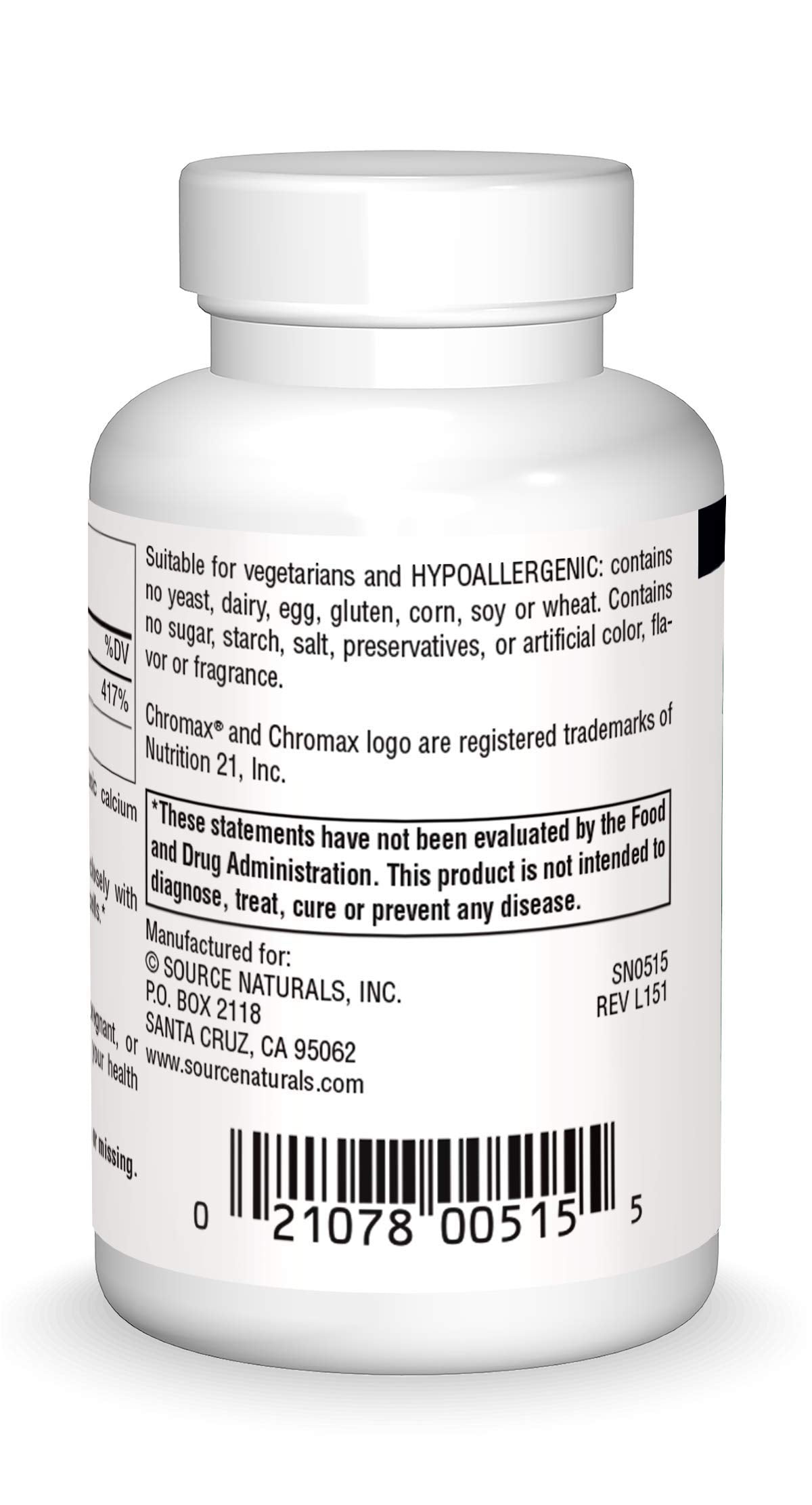 Source Naturals Ultra Chromium Picolinate 500 mcg Yeast-Free Dietary Supplement - 60 Tablets