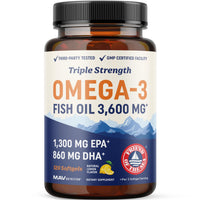 Thumbnail for Triple Strength DHA Omega 3 Fish Oil 3600 mg | Over 2100mg Omega-3 Fatty Acids with 860mg of DHA | 1300mg EPA | Best Essential Fatty Acids | Premium Wild Caught & Burpless Fish Oil | 120 ct.