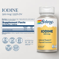 Thumbnail for Solaray Iodine 500 mcg, Iodine Supplement for Healthy Adrenal and Thyroid Support, Energy, Metabolism, and Focus, Potassium Iodide, Vegan, 60-Day Money-Back Guarantee, 30 Servings, 30 VegCaps