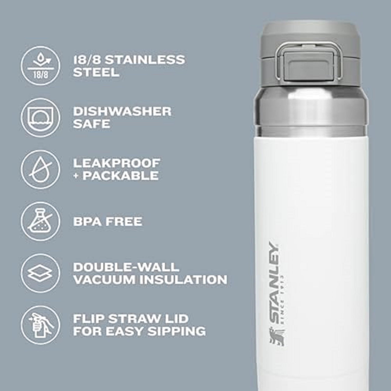 Stanley Quick Flip GO Water Bottle 24 oz | Push Button Lid | Leakproof and Packable for Travel and Sports | Insulated Stainless Steel | BPA-Free | Glass