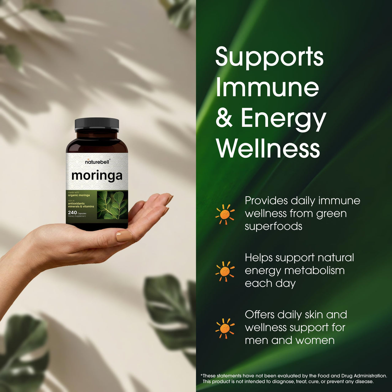 NatureBell Moringa - 240 Capsules - Organic Moringa for Immune, Energy & Skin Health Support* - Green Superfood Properties