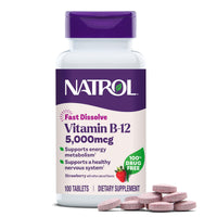 Thumbnail for Natrol Vitamin B12 5,000 mcg, Fast Dissolve Vitamin B12 Supplement Supports a Healthy Nervous System and Energy Metabolism, 100 Tablets, Up to a 100 Day Supply