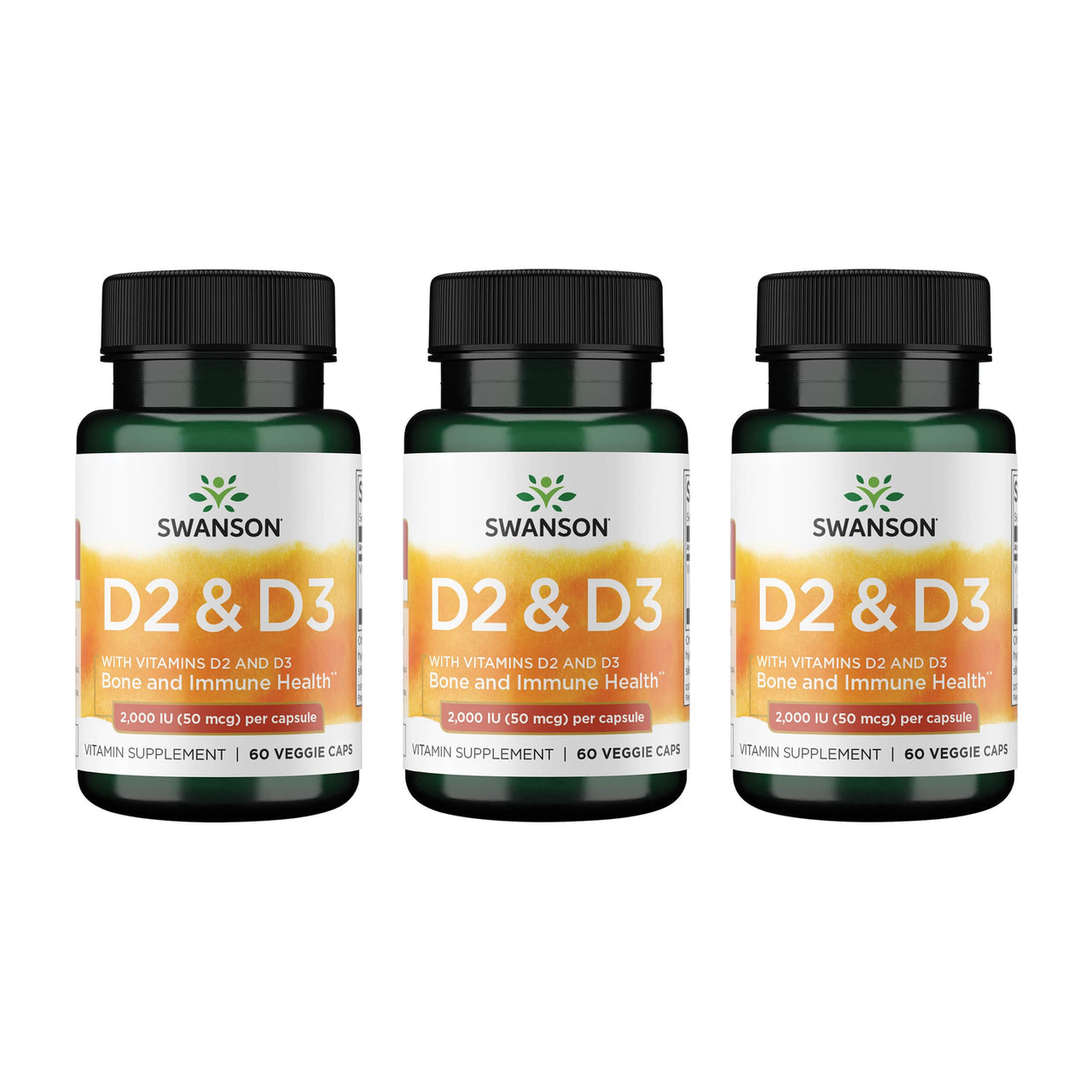 Swanson D2 & D3-2,000 IU - Dental & Bone Health Supplement - Offers Immune Support - Aids Calcium Absorption - Non-GMO - 60 Veggie Capsules (3 Pack)