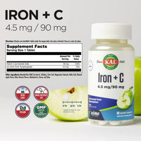 Thumbnail for KAL Iron C, 90 Tablets, 4.5 mg/90 mg, Natural Apple Flavor, Increased Absorption Iron Pills, Immune Support