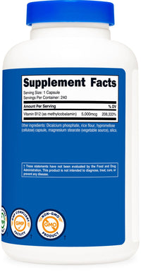 Thumbnail for Nutricost Vitamin B12 (Methylcobalamin) 5000mcg, 240 Capsules - Vegetarian Caps, Non-GMO, Gluten Free B12 Supplement