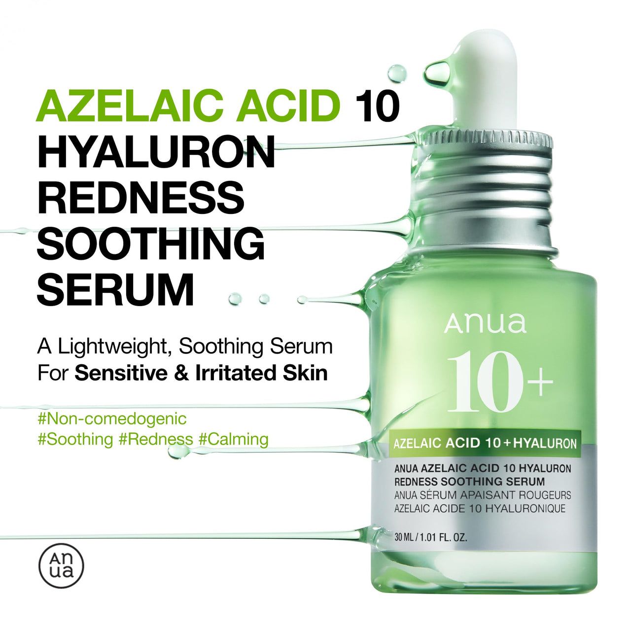 Anua Azelaic Acid 10 Hyaluron Redness Soothing Serum, Facial Serum for Blemish-Prone & Sensitive Skin, Lightweight & Hydrating Blemish Care, Hyaluronic Acid, Korean Skincare, 1.01 fl oz.
