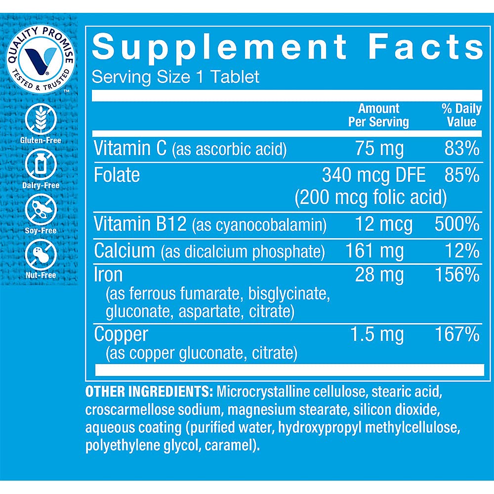 The Vitamin Shoppe Iron Complex - Better Absorption Energy Support | with Vitamin C Folic Acid | 100 Tablets | Gentle