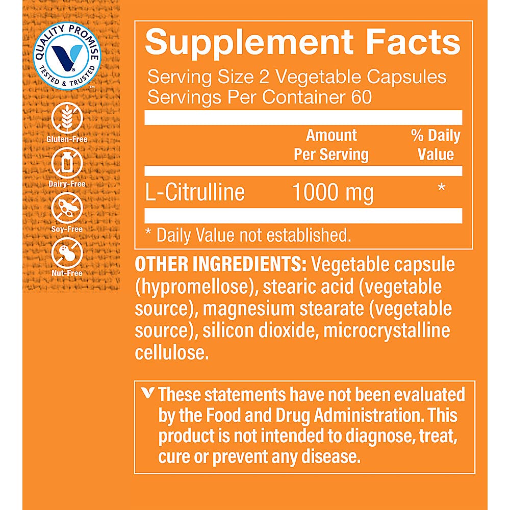 The Vitamin Shoppe L-Citrulline 1000mg - Nitric Oxide Boost & Endurance | Cardiovascular Performance Amino Acid | 120 Veggie Caps | Vegan