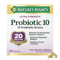 Thumbnail for Nature's Bounty Probiotic 10 Daily Probiotic Supplement for Digestive, Immune, and Upper Respiratory Support, Ultra Strength, 30 Capsules 1 Pack