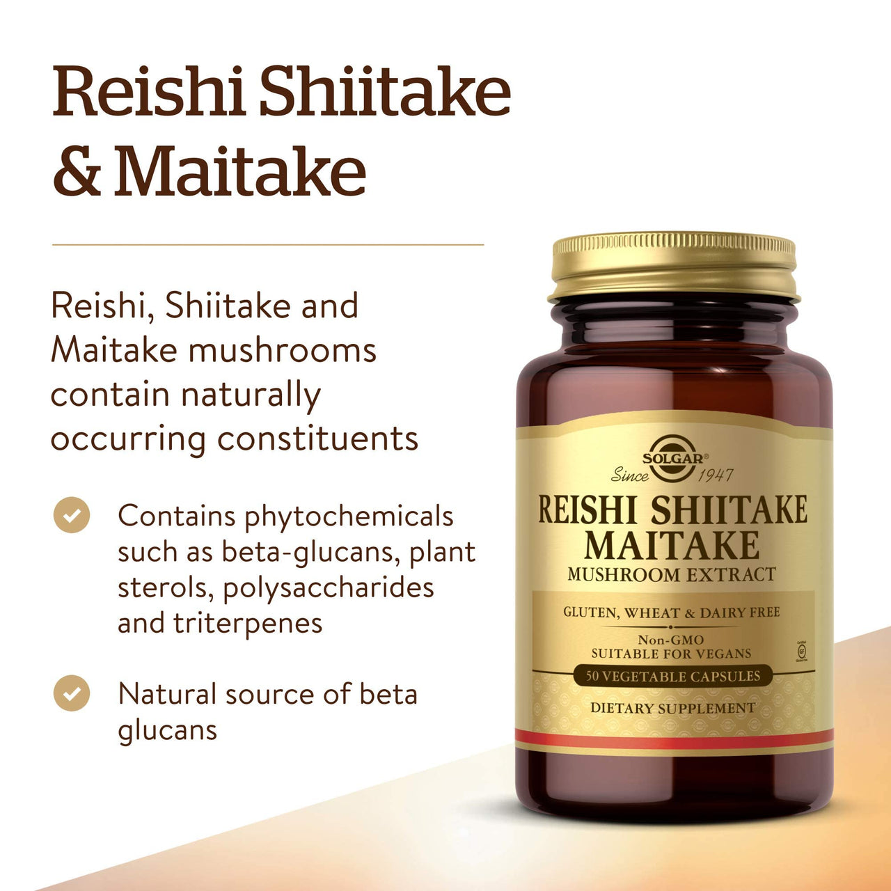 Solgar Multi-Mushroom Complex, 50 Vegetable Capsules - Reishi, Shiitake, Maitake Mushroom Extract - Natural Source of Beta Glucans - Non-GMO, Vegan, Gluten Free, Dairy Free - 50 Servings
