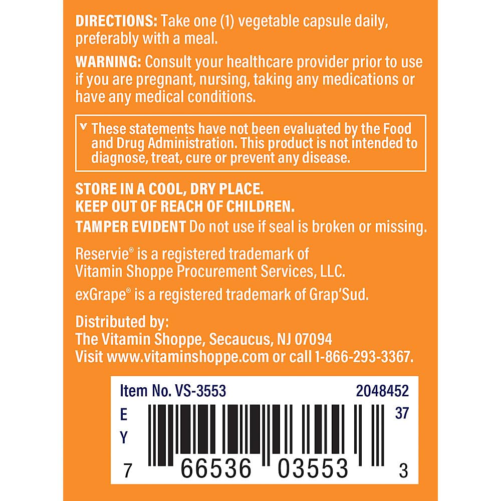 The Vitamin Shoppe Trans-Resveratrol 500mg - Cardiovascular & Longevity Support | Potent Antioxidant | 60 Veggie Caps | Non-GMO Vegan