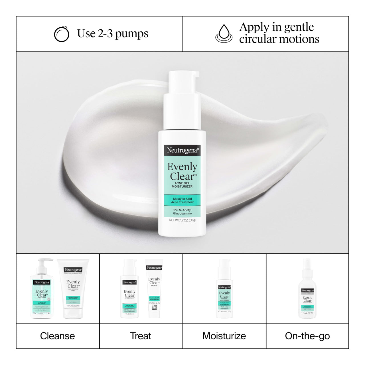 Neutrogena Evenly Clear Acne Gel Moisturizer with Salicylic Acid & N-Acetyl Glucosamine, Lightweight Non-Greasy Face Moisturizer Helps Treat Breakouts & Visibly Fade the look of Post-Acne, 1.7 fl. oz