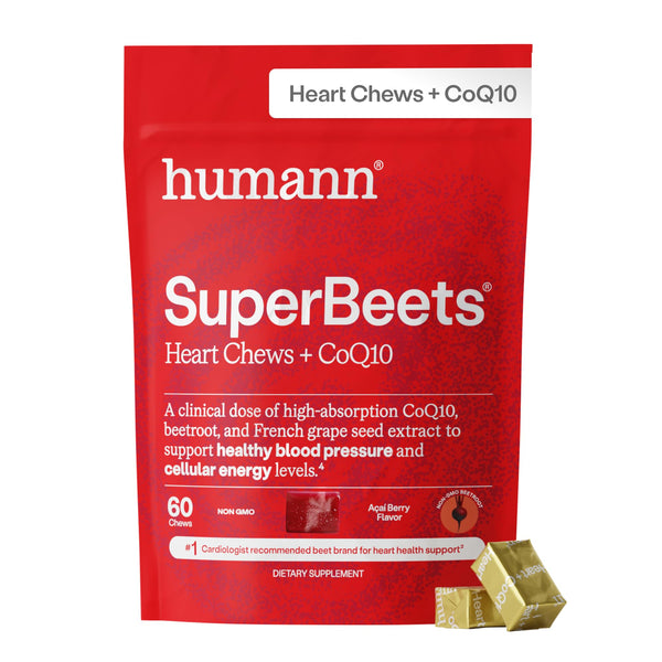 Humann SuperBeets Heart Chews + CoQ10-100mg of CoQ10 Plus Beetroot & Grape Seed Extract, Blood Pressure, Cellular Energy & Heart Health Support, 60 Count